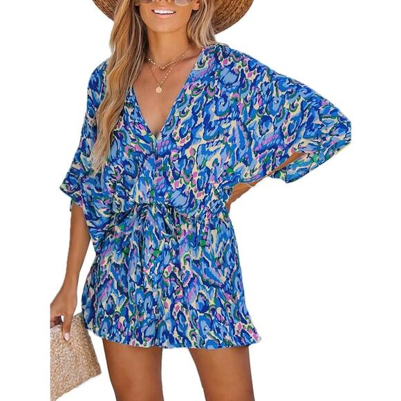 CUPSHE Womens Leopard Abstract Multi-Color Romper Short Sleeves Tie Waist Size M - Picture 1 of 10